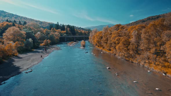 Aerial Footage From Drone Flying Over River Srtiy in Carpathians Mountains Ukraine