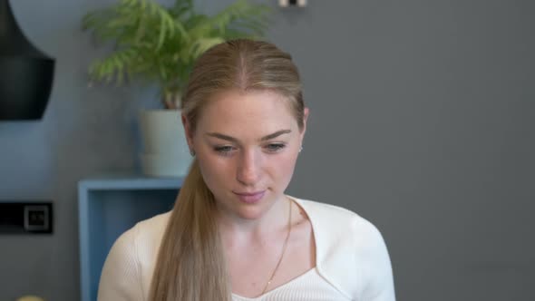 Woman Posing Camera Working at Home