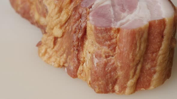 Cured bacon tasty traditional food slow tilt 4K 2160p 30fps UltraHD footage - Smoked pork meat produ