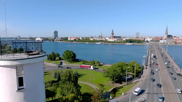 Establishing Aerial Bird Eye View Shot of Riga Riga Skyline Latvia