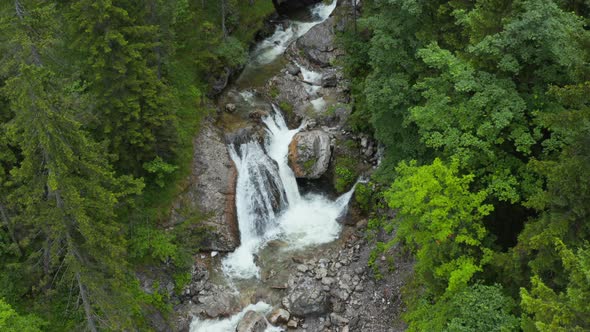 Aerial view of Kuhflucht waterfalls in forest, Upper Bavaria, Germany