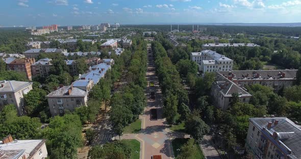 Aerial Summer Townscape with Tree-lined Walkway and Residential Area, Russia