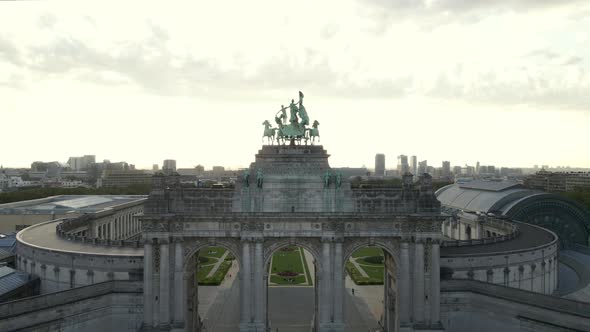Flying toward bronze sculpture atop Arc de Triomphe in Brussels