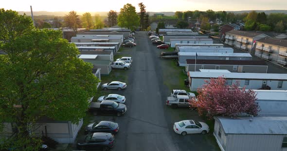 Low income rural housing in Appalachia. Rural West Virginia mobile home trailer park in USA. Aerial