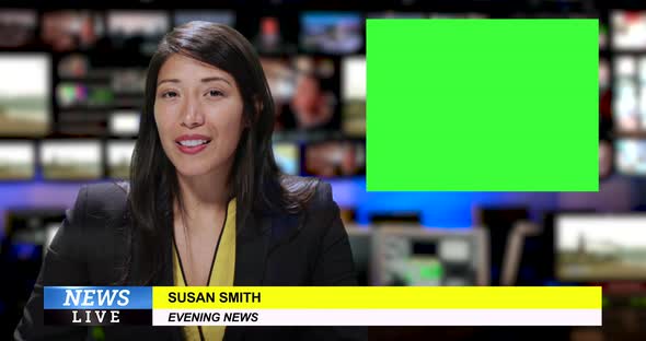 MS Female anchor speaking at news desk with green screen in television studio