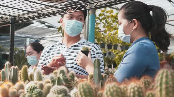Cacti shopping at Cactus nursery, during Covid pandemic. Close up slow motion.