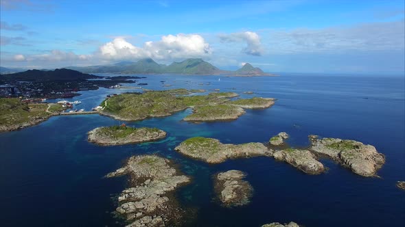 Flight above small islets near Ballstad on Lofoten islands