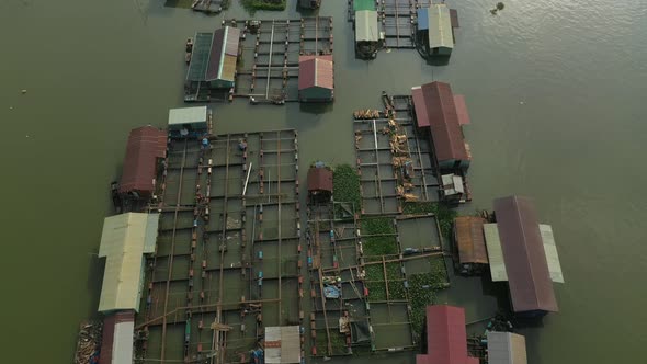 Floating fish farming community in Bien Hoa on the Dong Nai river, Vietnam on a sunny day. Drone top