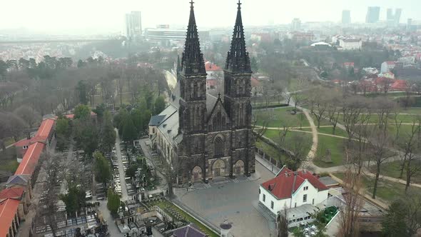 Impressive St Peter and Paul Cathedral, Vysehrad, Prague, Czech Republic. Aerial View of Landmark on