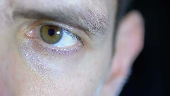 Serious Look of a Young Man Who Concentrated Works on a Black Background