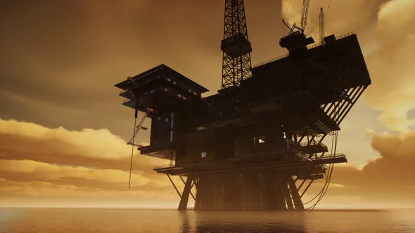 Offshore Jack Up Rig in The Middle of The Sea at Sunset Time alt
