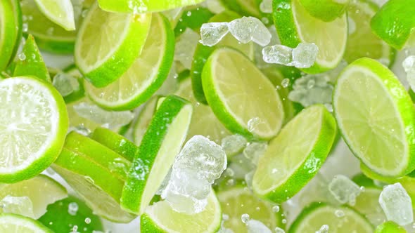 Super Slow Motion Shot of Flying Fresh Lime Slices and Crushed Ice Towards Camera at 1000Fps