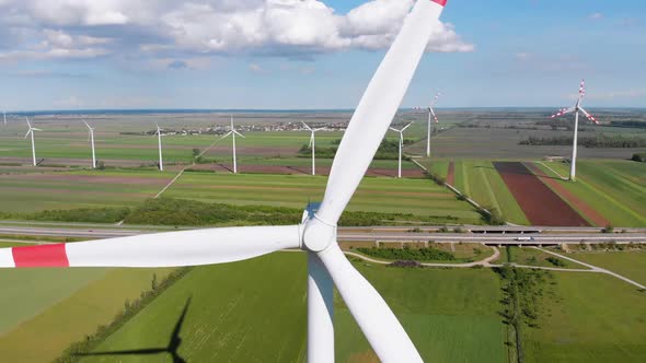 Aerial View of Wind Turbines Farm and Agricultural Fields. Austria.