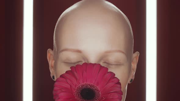 Young Bald Woman Covering Face with Red Flower and Looking at Camera