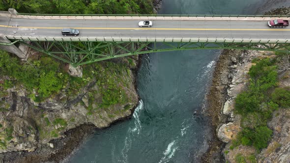 Overhead view of cars driving over Deception Pass in Washington State.