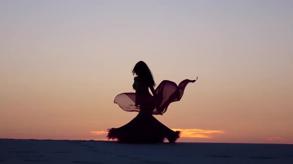 Dancer Sexually Dances on the Sand Against the Background of a Fiery Sunset. Silhouettes