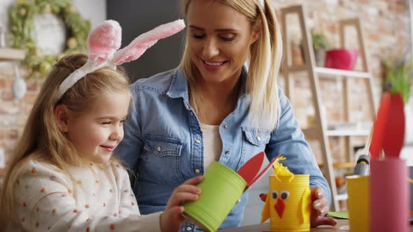 Video of mother and daughter playing with handmade Easter toys.  Shot with RED helium camera in 8K.