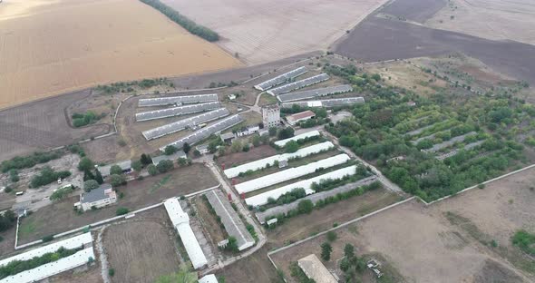 Aerial view of old abandoned pig farm. Livestock farm. Farm for growing pigs.