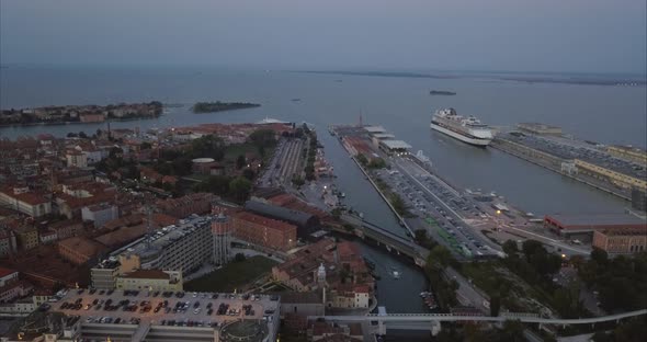 Wide aerial shot of Venice Ferry terminal at dusk