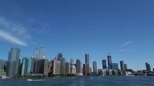 View of downtown Toronto from the ferry. Ontario Lake, Toronto, Canada.