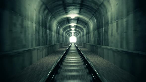 Ride through old looking rail tunnel with a shining light at the end. HD