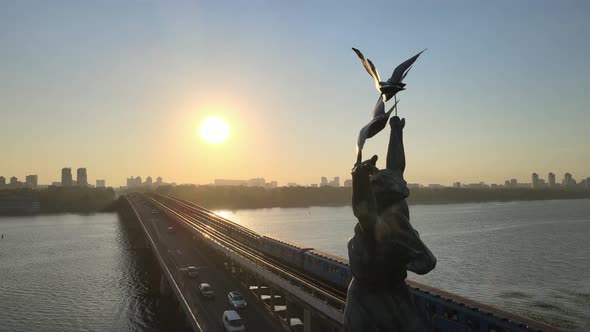 Kyiv, Ukraine : Metro Bridge in the Morning at Sunrise, Dnipro Station