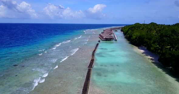 Tropical flying abstract shot of a white paradise beach and aqua turquoise water background in 4K