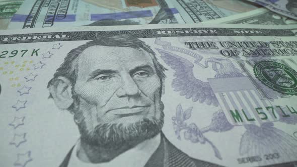USD Banknote. 5 Dollars USA in Macro Shot. President of the United States Abraham Lincoln on Five