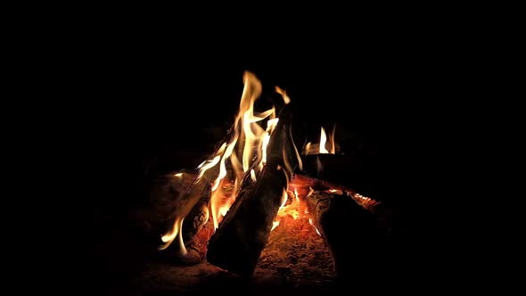 Burning Fire at Night, Campfire Bonfire in Slow Motion