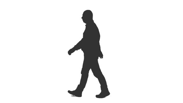 Black and White Silhouette of Walking Bald Man