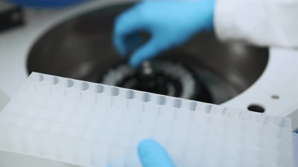 Female Scientist in Protective Picks Up Samples From the Centrifuge and Puts Into the Rack