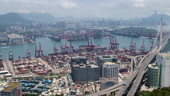 Hong Kong Container Port Terminal and Logistics Center Timelapse Pan Up