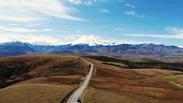 Aerial View of Amazing Road with View of the Caucasian Ridge and Mount Elbrus