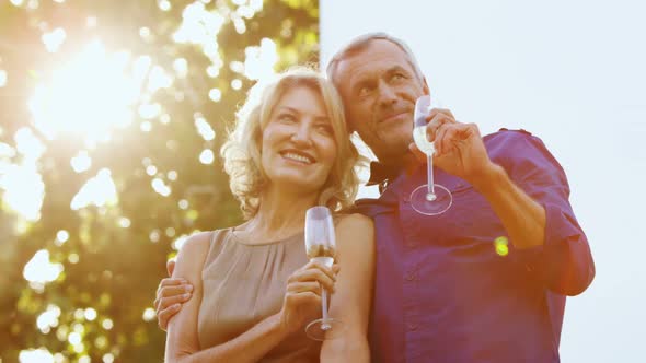 Couple interacting while having champange in balcony