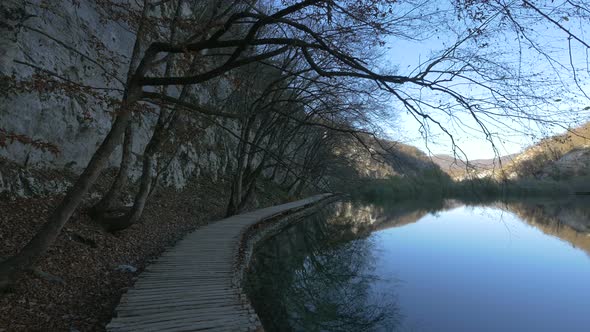 Timber path along a lake at Plitvice National Park