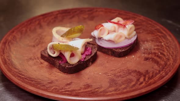 Serving Appetizers In The Form Of Sandwiches With Lard