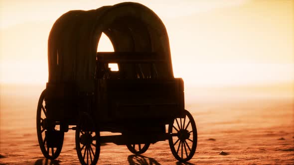 Canvas Covered Retro Wagon in Desert at Sunset