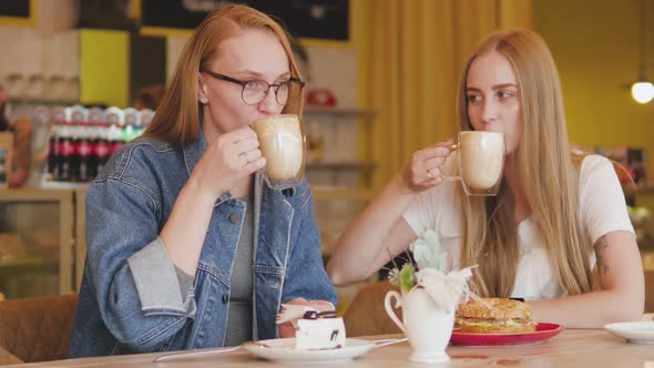 Two Young Attractive Women Have Breakfast in a Cafe. Two Friends Are Drinking Coffee