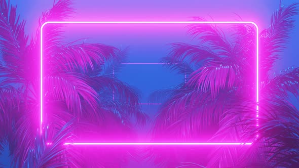 Retrowave Glowing Rectangle Frame Appears in the Tropical Palm Tree Zoom in