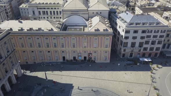 Aerial panoramic drone view of De Ferrari square, Ducal Palace, famous port in Genoa,Italy. HD video