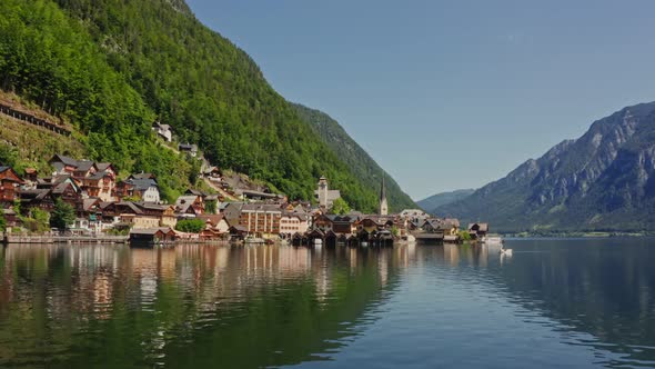 Panoramic View of the Hallstatt Located on the Lake at the Foot of Mountains