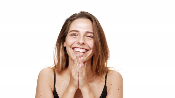 Happy Young Beautiful Girl Smiling Rejoicing Over White Backgrond