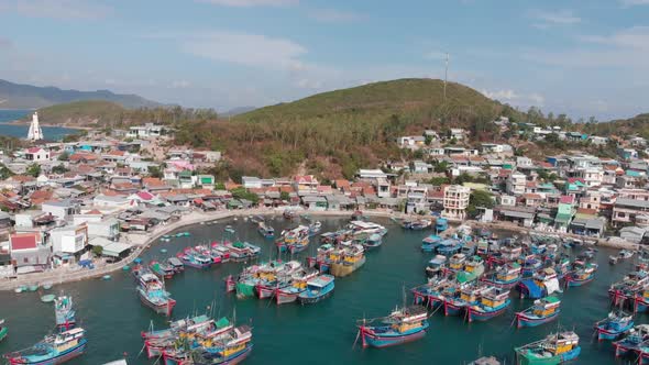 Professional Asian Schooner Fishing Boats with Crab Traps for Catching Squid and Lobster Anchored