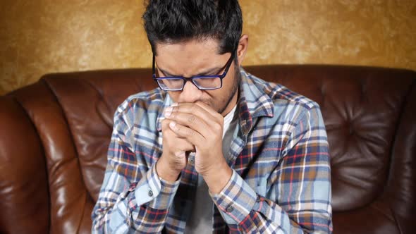 Sick Man Got Flu Allergy Sneezing While Sitting on Sofa