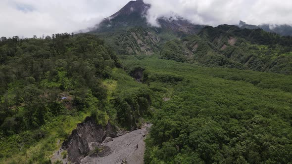 Aerial view of active Merapi mountain with clear sky in Indonesia