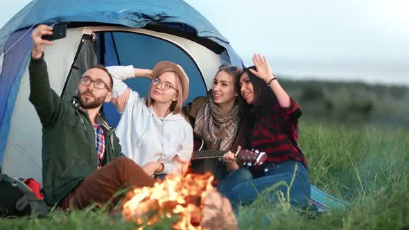 Group of Friends Posing Taking Selfie at Camping Use Smartphone