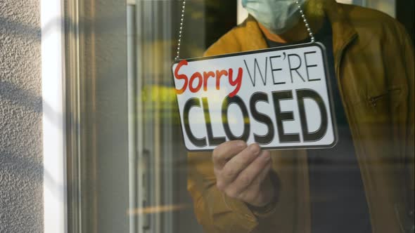 Sorry We Are Closed Hanging Sign on Storefront Window