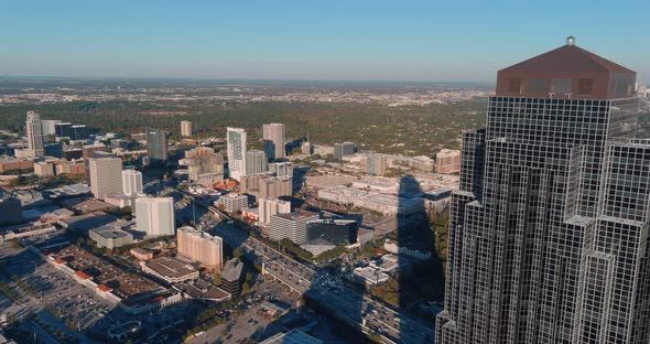 4k aerial shot of The Williams Tower in the Galleria Mall area in Houston, Texas