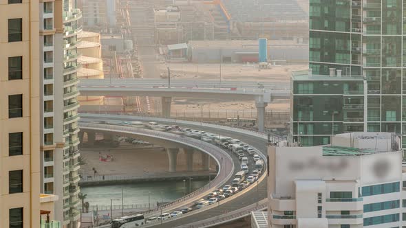 Traffic on the Bridge at JBR and Dubai Marina During Sunset Aerial Timelapse