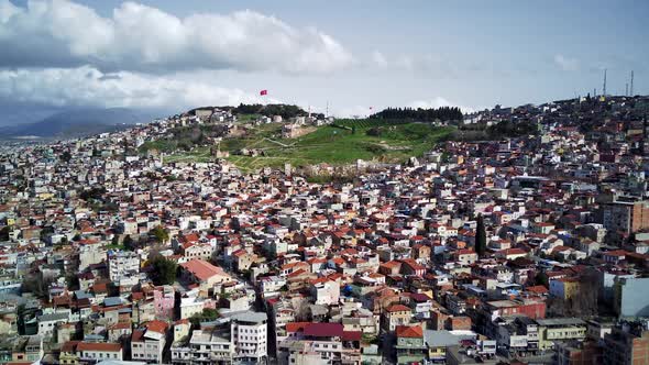 Drone view on poverty slum district and muslim mosque